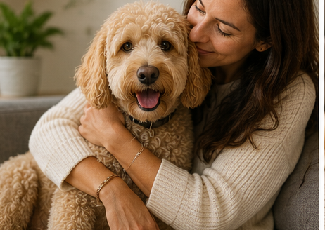 The founder of MyPet360 embracing a happy doodle dog