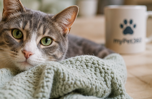 A calm tabby cat resting on a soft blanket