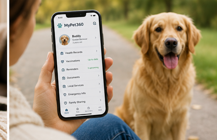 A pet parent holding the MyPet360 app next to their golden retriever