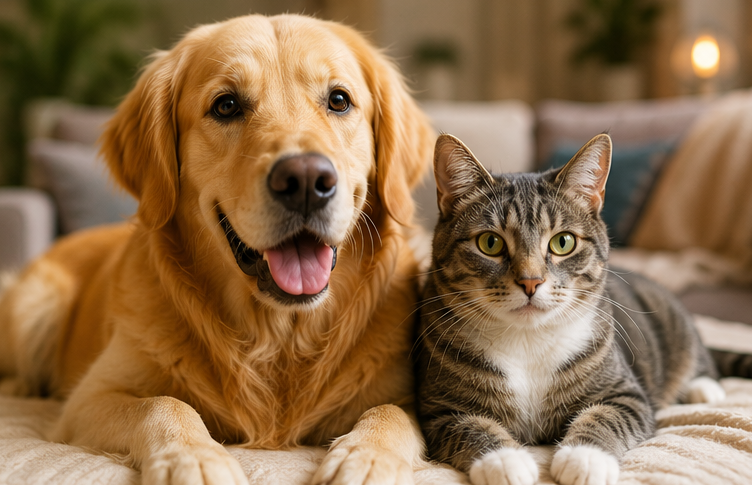 A happy golden retriever and a tabby cat resting together at home