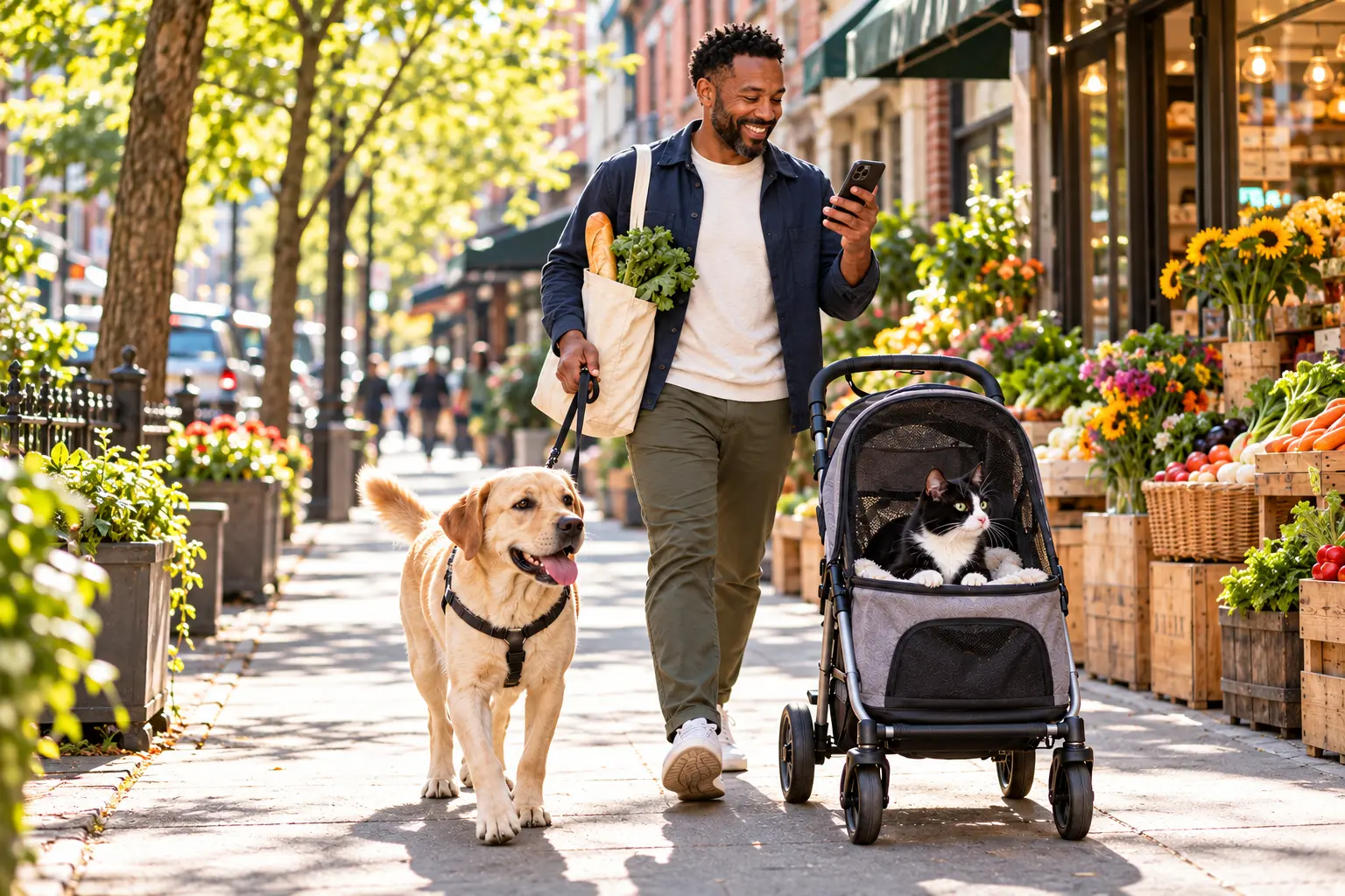 Black pet owner outdoors in the city checking his phone with a Labrador and a cat in a secured stroller