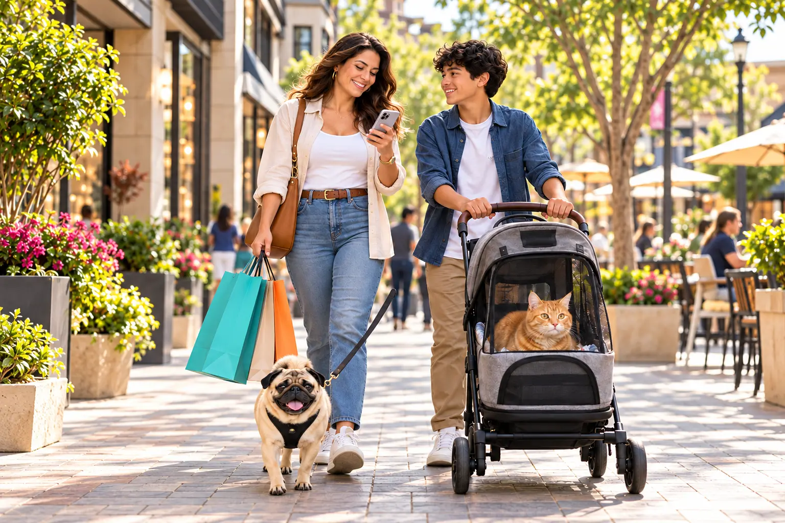 Latina parent and teen outdoors at a suburban shopping promenade with a pug, a cat in a stroller, and a smartphone