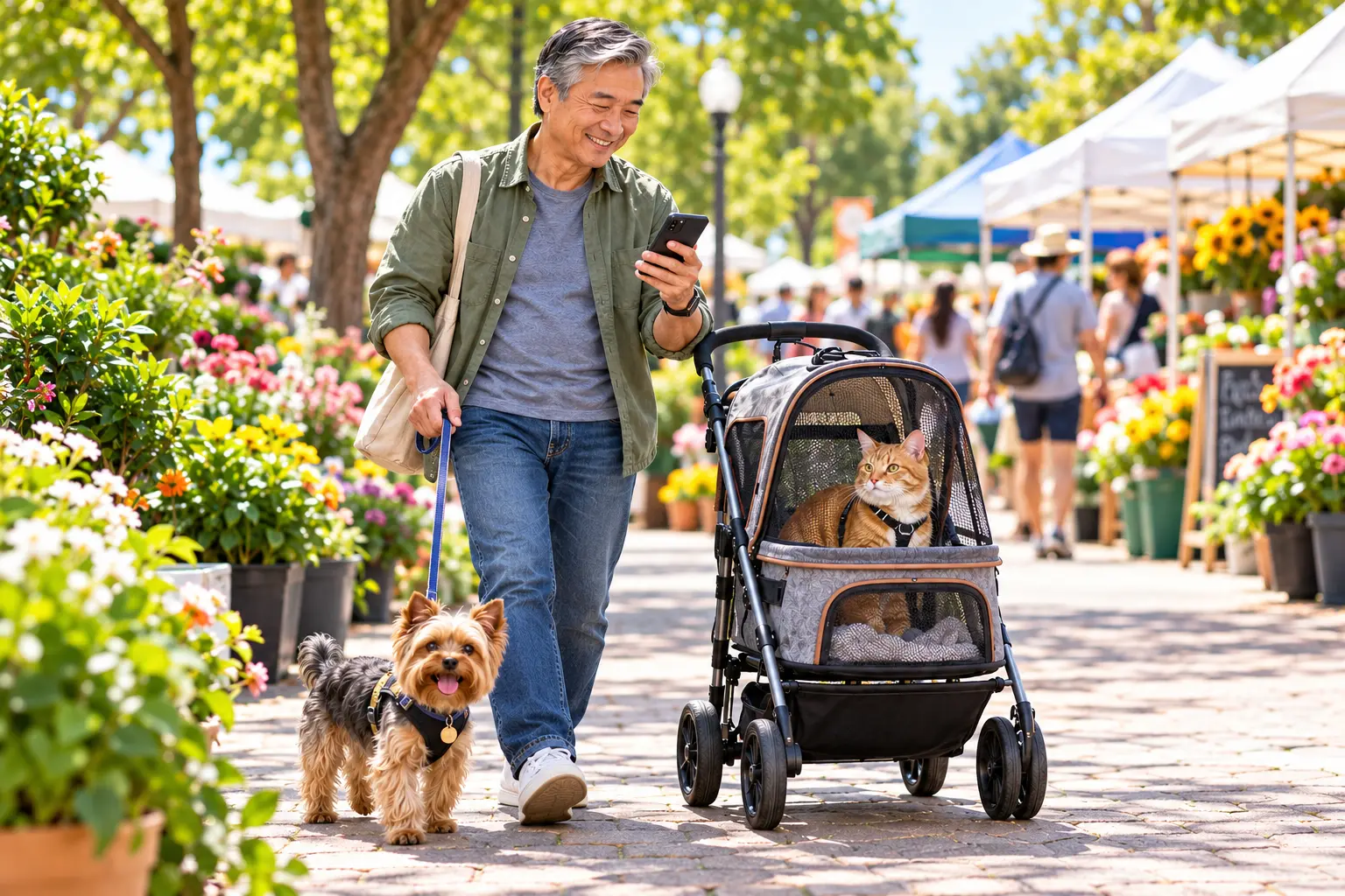 Mature East Asian pet owner at an outdoor neighborhood market using his phone with a Yorkshire terrier and cat in a pet stroller