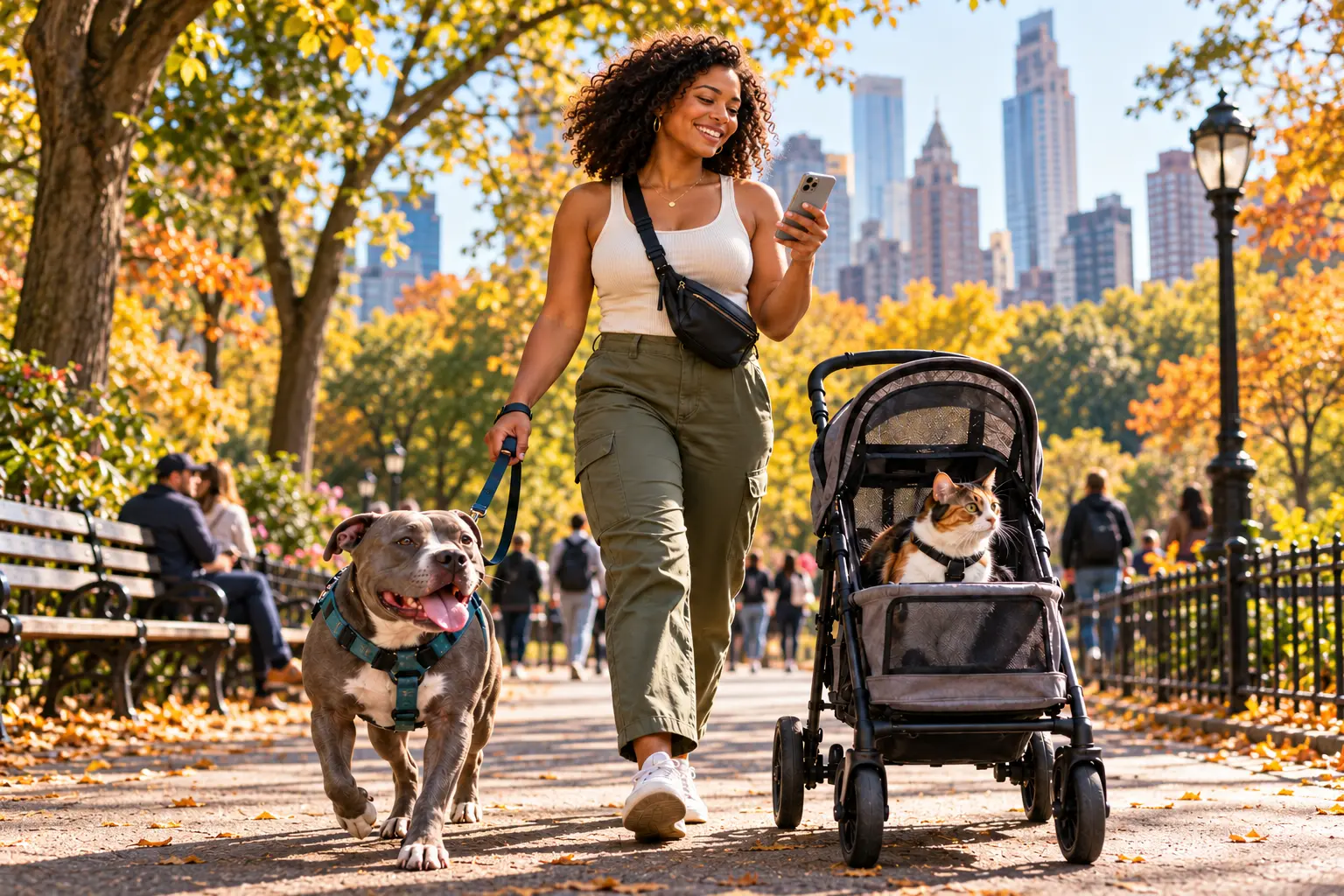 Black woman checking her phone in a city park with a leashed pit bull and calico cat in a secure pet stroller